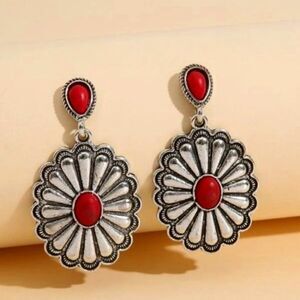 WESTERN SILVER RED TURQUOISE CONCHO SANTA FE STYLE DANGLE EARRINGS